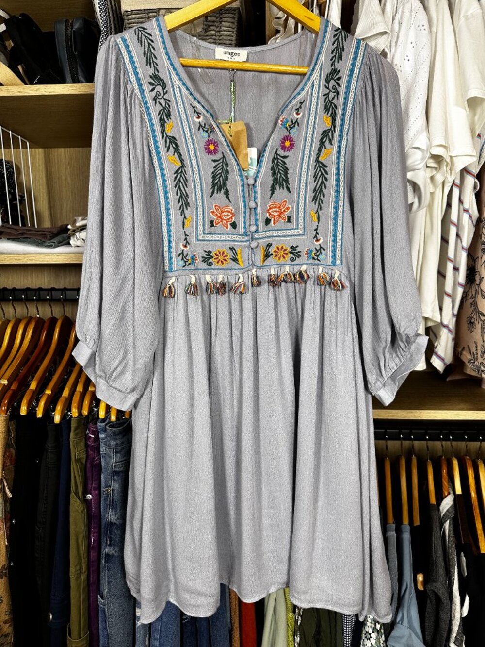Umgee Embroidered Boho Tunic Dress | Gray | Tassel Detail - Picture 2 of 7